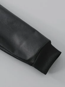 SHEIN 男童新款活力黑色PU皮革長袖連帽拉鍊開襟外套，時尚刺繡圖案，舒適面料，修身剪裁，秋冬新款，適合多季節與多場合，兒童套裝，小男孩夏秋套裝 - 黑色 - 查看 3