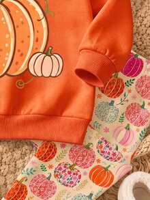 1 Set, Sweatshirt Fleece Lengan Panjang Leher Bulat Motif Oranye dengan Transfer Panas untuk Anak Perempuan + Celana Panjang Pas Badan Motif , Pakaian Kasual Dalam/Luar Ruangan Musim Gugur/Dingin untuk Halloween - MultiWarna - View 3
