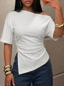 Slaydiva New Summer/Fall Women's Ribbed Asymmetrical Hem One Shoulder Short Sleeve Top/Y2k/Holiday/Streetwear/Rave/Going Out/Party/Night Club/Back To School - White - View 5