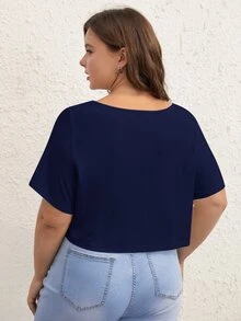 SHEIN BASICS 大尺碼純色V領短版T恤 女款夏季上衣 夏日穿搭 - 藏蓝色 - 查看 2