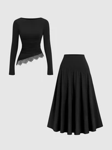 Sweetra Y2K Sexy Eyelash Trim Asymmetrical Hem Versatile Casual Commute Elegant Skirt 2 Pieces Set - Black - View 7