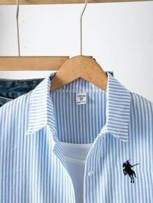 SHEIN 1件女童大童翻領長袖鈕扣式直條紋襯衫，胸前刺繡圖案，休閒上衣，秋季 - 藍色 - 查看 3