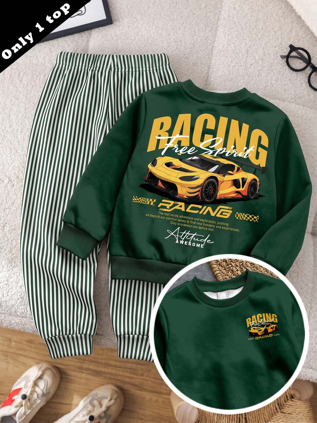 Young Boy Long Sleeve Crew Neck Sweatshirt, Classic Cool Racing Car Graphic Print, Stylish Text Graphic Print, Suitable For Autumn/Winter - Multicolor - View 1
