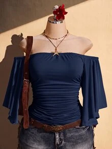 SHEIN ICON 女款大尺碼露肩荷葉袖時尚百褶上衣 - 藏蓝色 - 查看 3