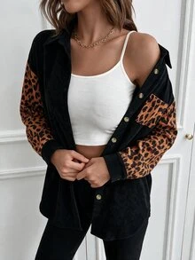 SHEIN LUNE Women's Black And White Leopard Print Colorblock Patchwork Shirt Vintage Casual Loose Drop Shoulder Lapel Single-Breasted Cardigan Top Fall - Multicolor - View 1