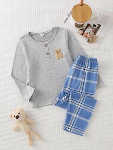 Young Boy Gray Long Sleeve Bear Patch Top & Plaid Pants Set Loungewear - Multicolor - View 6