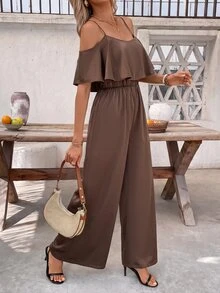 SHEIN Clasi 女款純色荷葉邊露肩時尚連身褲，度假穿搭 - 咖啡棕 - 查看 3