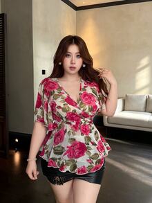 Vibekara Plus Size Spring/Summer Elegant Large Floral Print Ruffle Short Sleeve Blouse - Hot Pink - View 3