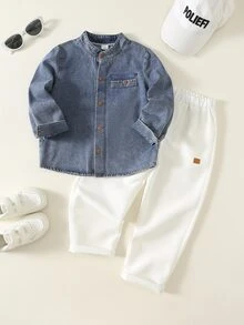 SHEIN 小男孩 2026 新款鈕扣牛仔襯衫與休閒長褲套裝 - 彩色 - 查看 1
