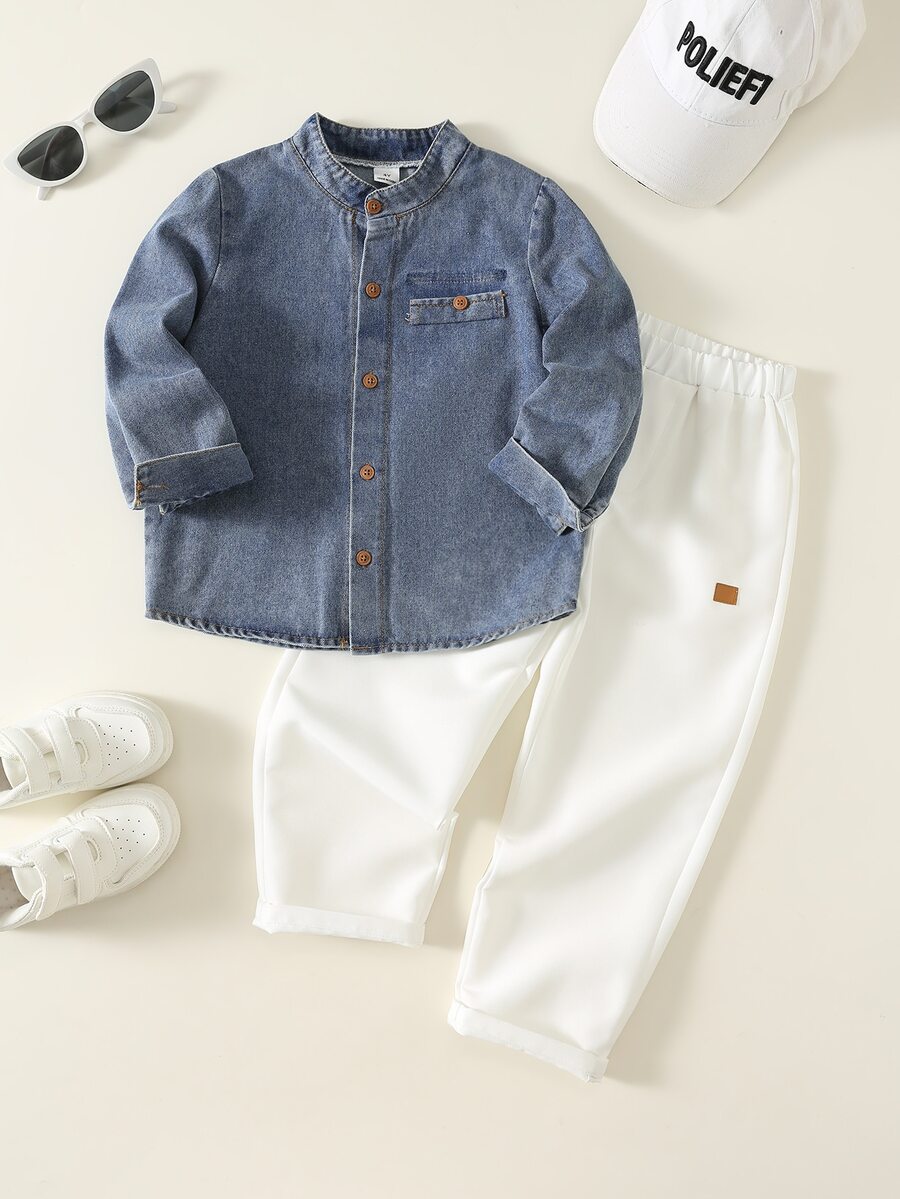 SHEIN 小男孩 2026 新款鈕扣牛仔襯衫與休閒長褲套裝 - 彩色 - 查看 1