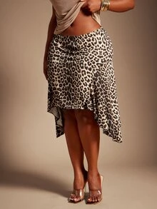 SHEIN SXY Plus Size Women's Asymmetrical Hem Beige High Elasticity Knit Skirt Date Night Party Autumn Sexy Fall - Multicolor - View 6