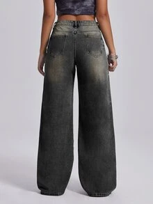 INAWLY Women's Casual Washed Straight Leg Jeans - Black - View 2