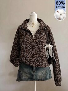SHEIN EZwear 80%棉女款休閒寬鬆半拉鍊豹紋衛衣，2026秋冬女裝，休閒Y2K通勤穿搭，基礎款牛仔女風復古返校出遊校園風Apure Style - 彩色 - 查看 1