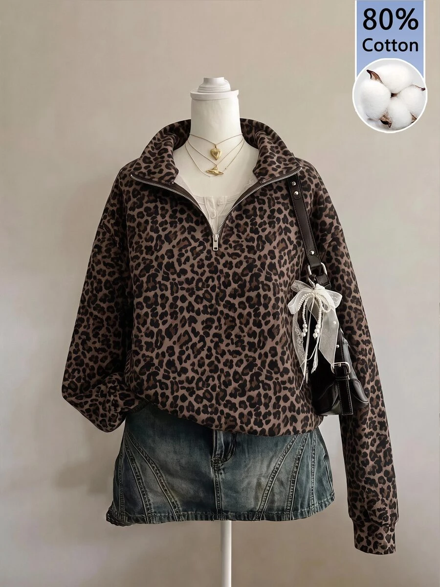 SHEIN EZwear 80%棉女款休閒寬鬆半拉鍊豹紋衛衣,2026秋冬女裝,休閒Y2K通勤穿搭,基礎款牛仔女風復古返校出遊校園風Apure Style - 彩色 - 查看 1