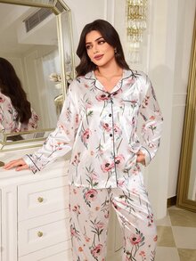 MuseNap CURVE طقم بيجامة بنطال بأكمام طويلة وياقة من الحرير الصناعي بنقشة زهور صغيرة للمقاسات الكبيرة - أبيض - مشاهدة 3