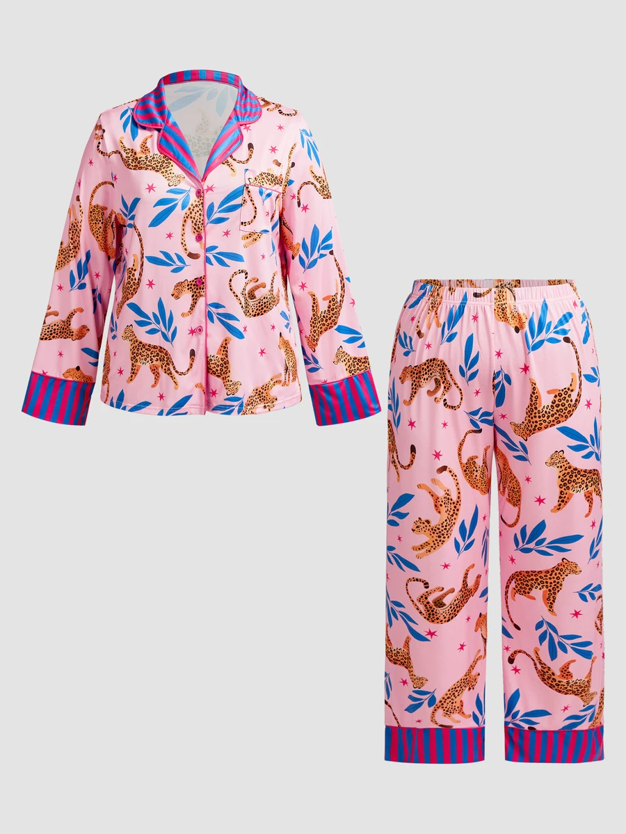 Chillnights Set Piyama Atasan dan Celana Kancing Tunggal Motif Leopard untuk Wanita Ukuran Besar - Berwarna merah muda - View 1