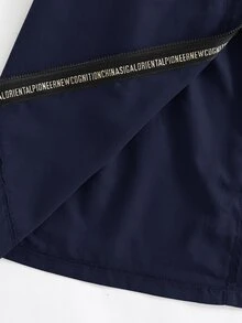 SHEIN 少女職業日返校中長版連帽派克大衣，秋冬休閒字母裝飾織帶口袋外套，戶外穿搭風 - 藍色 - 查看 8