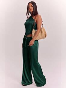 SHEIN BAE Summer Sexy Backless Halter Top And Long Pants Set - Dark Green - View 5