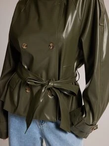 SHEIN BAE Women's Solid Color PU Leather Double-Breasted Fashion Trench Coat - Green - View 4