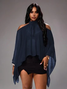 Rustia Plus Size Cold-Shoulder Halter Neck Striped Casual Comfortable Flowy Blouse For Spring And Summer - Navy Blue - View 8
