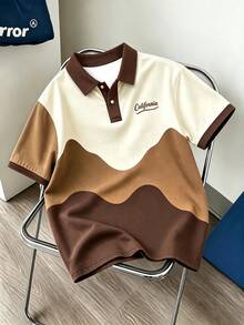 Daypath 美式復古卡其色與咖啡色波浪拼色 Polo 衫，1 件波浪對比色 Polo 衫，穿出夏季青春活力感 - 彩色 - 查看 1