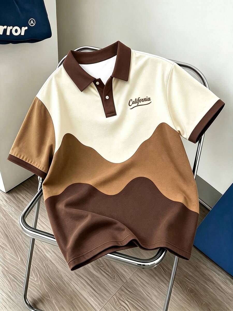 Daypath 美式復古卡其色與咖啡色波浪拼色 Polo 衫，1 件波浪對比色 Polo 衫，穿出夏季青春活力感 - 彩色 - 查看 1