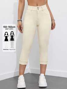 Flexra Petite Women's Casual Versatile Denim Skinny 7/10 Length Pants With Pockets - Apricot - View 1