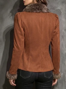 LUMIGAL Women's Plush Patchwork Casual Versatile Daily Wear Long Sleeve Jacket - Brown - View 2