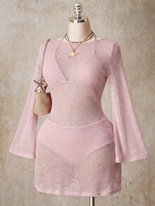 SHEIN ICON 女款大尺碼純色圓領長袖沙灘度假洋裝 秋季 灰粉色 性感 - 藕粉色 - 查看 1