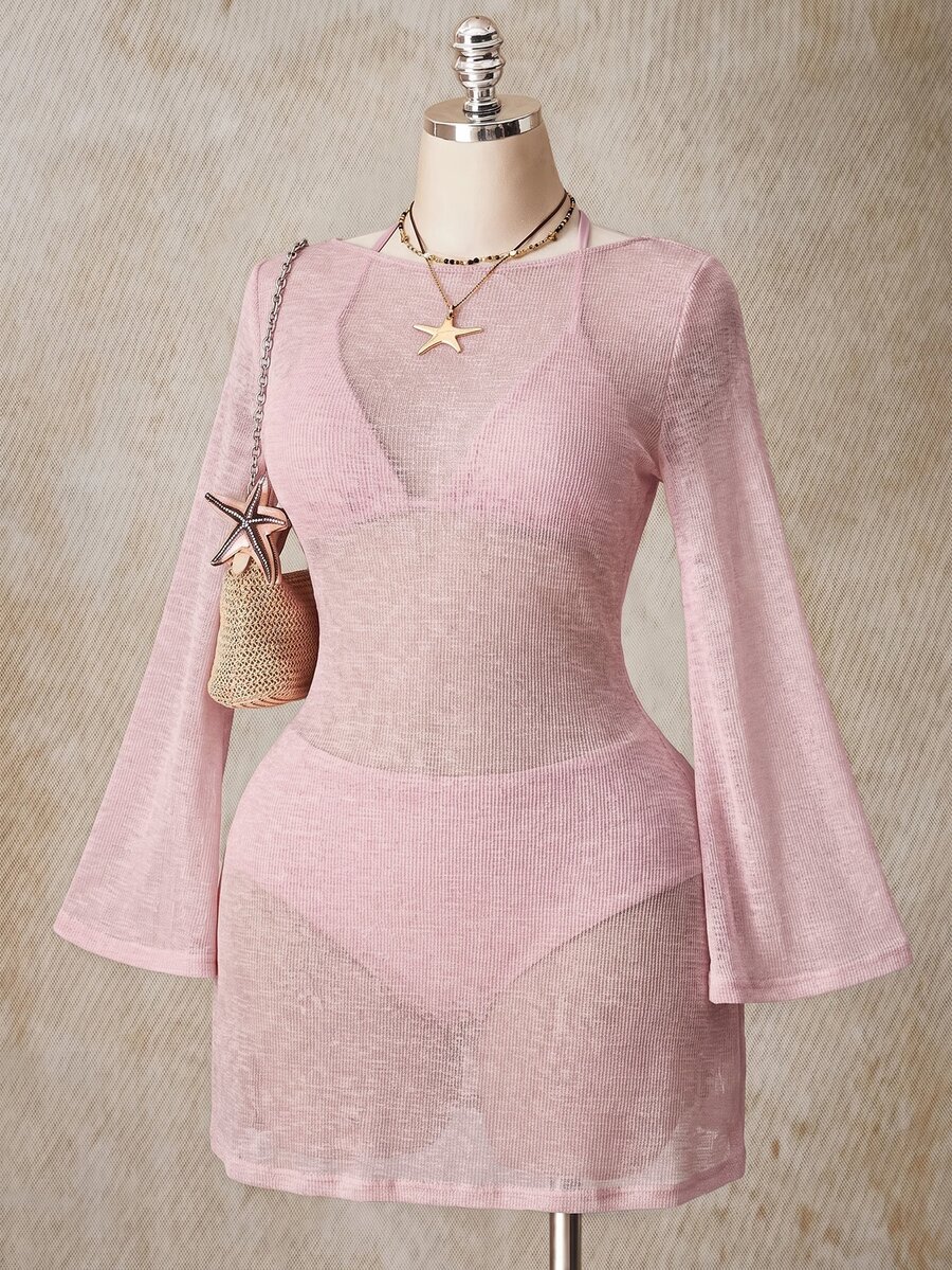 SHEIN ICON 女款大尺碼純色圓領長袖沙灘度假洋裝 秋季 灰粉色 性感 - 藕粉色 - 查看 1