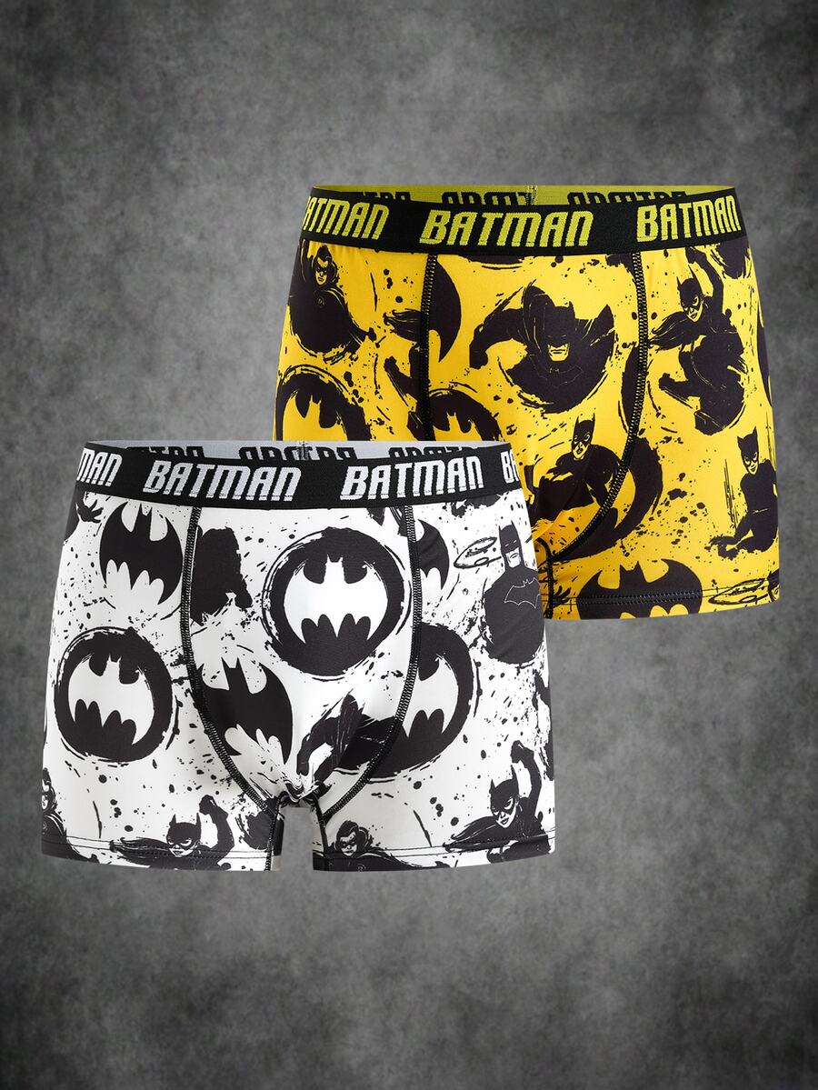 BATMAN X SHEIN 2pcs Men's Cartoon Print Boxer Briefs, Personalized Print Square Shorts - Yellow - View 1