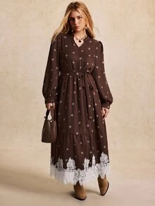 Écloséra Curve Plus Size French V-Neck Long Sleeve A-Line Dress With Lace Hem - Brown - View 4