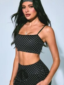 SHEIN Sovereign Charm 1pc + Regular Strap + Printed Basic Style/Black With White Dots + Sports Bra + Fitness/Yoga - Black and White - View 4