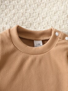 SHEIN 2件組新生女嬰連身褲上衣套裝，可愛甜美象牙色棕熊貼布毛絨長袖圓領羅紋針織外套，適合冬季與秋季節日穿著 - 杏色 - 查看 7
