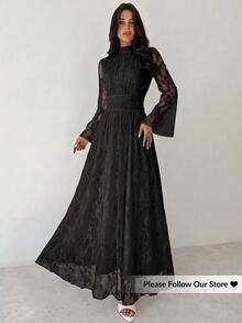 Firerie Women's Elegant Long Lace Dress With Stand Collar And Bell Sleeves - Black - View 12