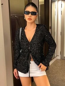 DAZY Women's Solid Color Sequin Front Tie Long Sleeve Elegant Blouse Fall - Black - View 6