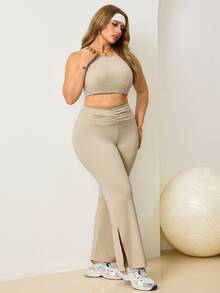 Easithlete Set Olahraga Wanita Ukuran Besar dengan Bantalan Terintegrasi untuk Yoga, Jogging, dan Pilates - Khaki - View 4