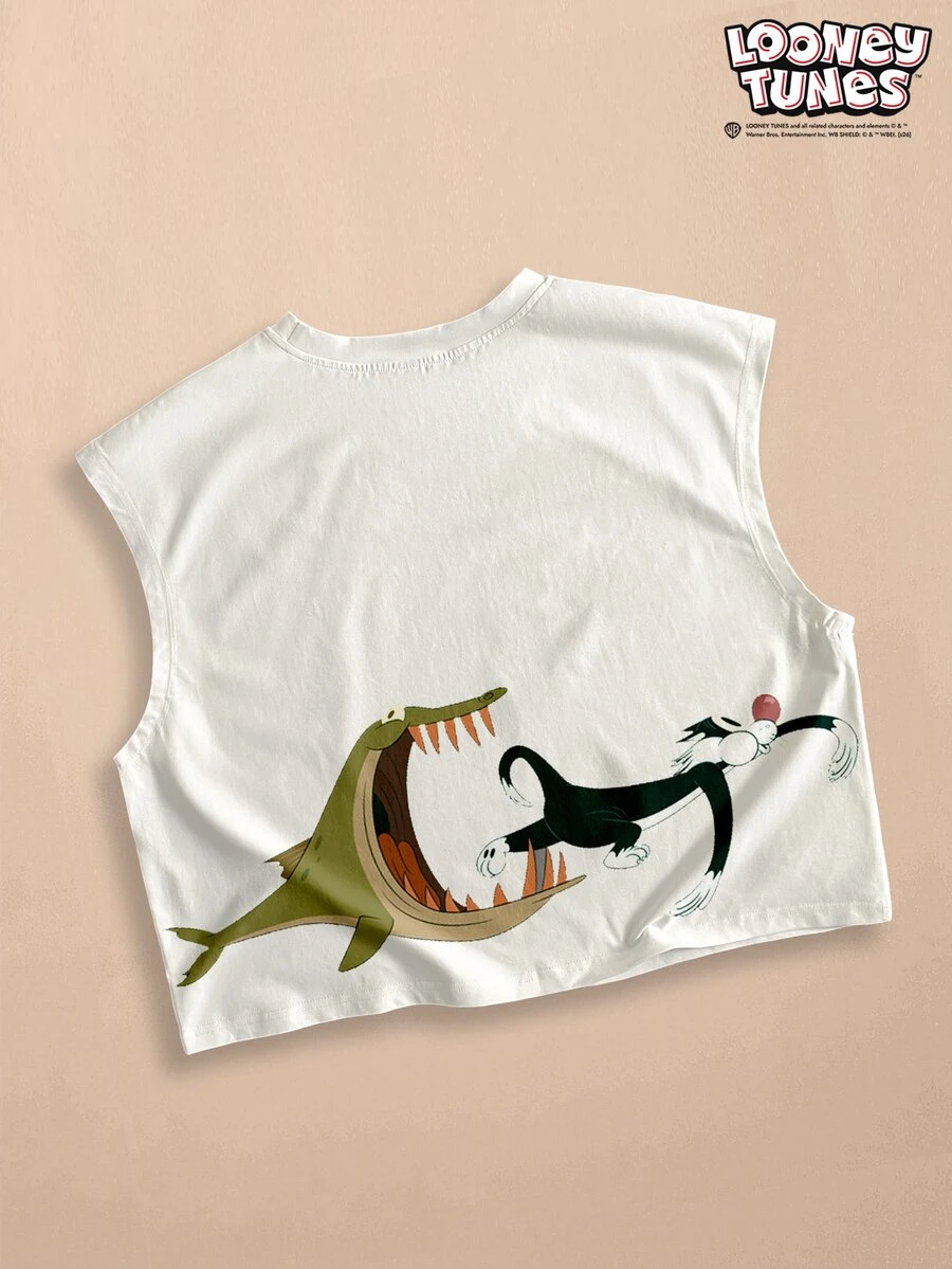 LOONEY TUNES X SHEIN FROVYX Men's Cartoon Fun Digital Print Cropped Tank Top - White - View 1