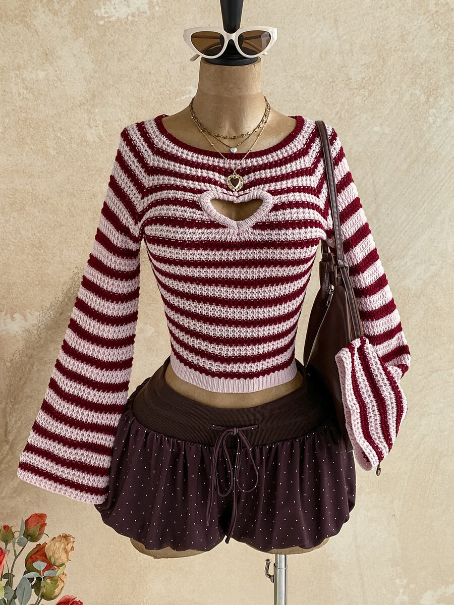 Soleia Women's Striped Heart Cutout Design Long Sleeve Cropped Sweater - Multicolor - View 1