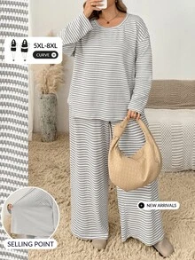 SHEIN CURVE+ Plus Size Striped Long Sleeve Top And Pants 2-Piece Set, Casual Vacation Outfit, Women's Autumn Casual Set - Apricot - View 5