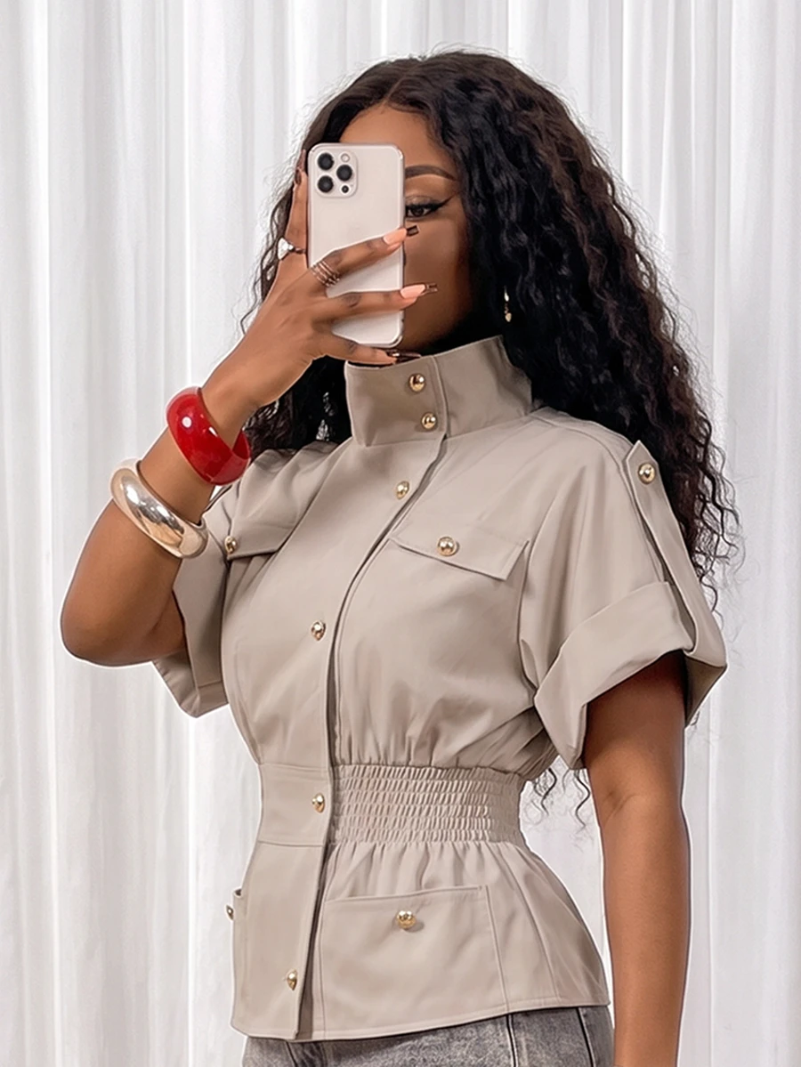 Glyssa Women's Stand Collar Front Button Utility Jacket, Elastic Waist Folded Short Sleeve Cropped Jacket With Flap Pocket Design - Khaki - View 1