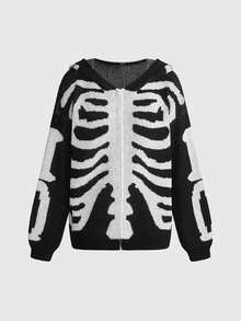 ROMWE Goth Dark Halloween Skeleton Skull Loose Knit Hooded Cardigan - Black and White - View 1