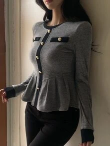 DAZY Women's Elegant Formal Vacation Spring Autumn Top T-Shirt With Patchwork Color Block, Cinched Waist, Flared Hem, Round Neck And Long Sleeves - Grey - View 6