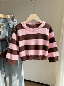 SHEIN 1件女童毛衣，經典粉色與咖啡色條紋圓領短版落肩長袖，甜美可愛風，適中厚度，下擺整齊，柔軟親膚，色彩亮麗，單穿好看，適合日常穿著、外出、上學、街頭、旅行等多種場合，秋冬必備 - 彩色 - 查看 4