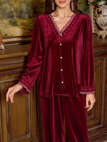 PalaceNights Embroidered Lace V-Neck Cardigan Long Sleeve Pants Velvet Pajama Set Autumn/Winter - Burgundy - View 5