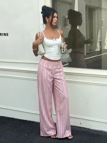 Aloruh 女款條紋休閒百搭日常旅行長褲 - 粉色 - 查看 6