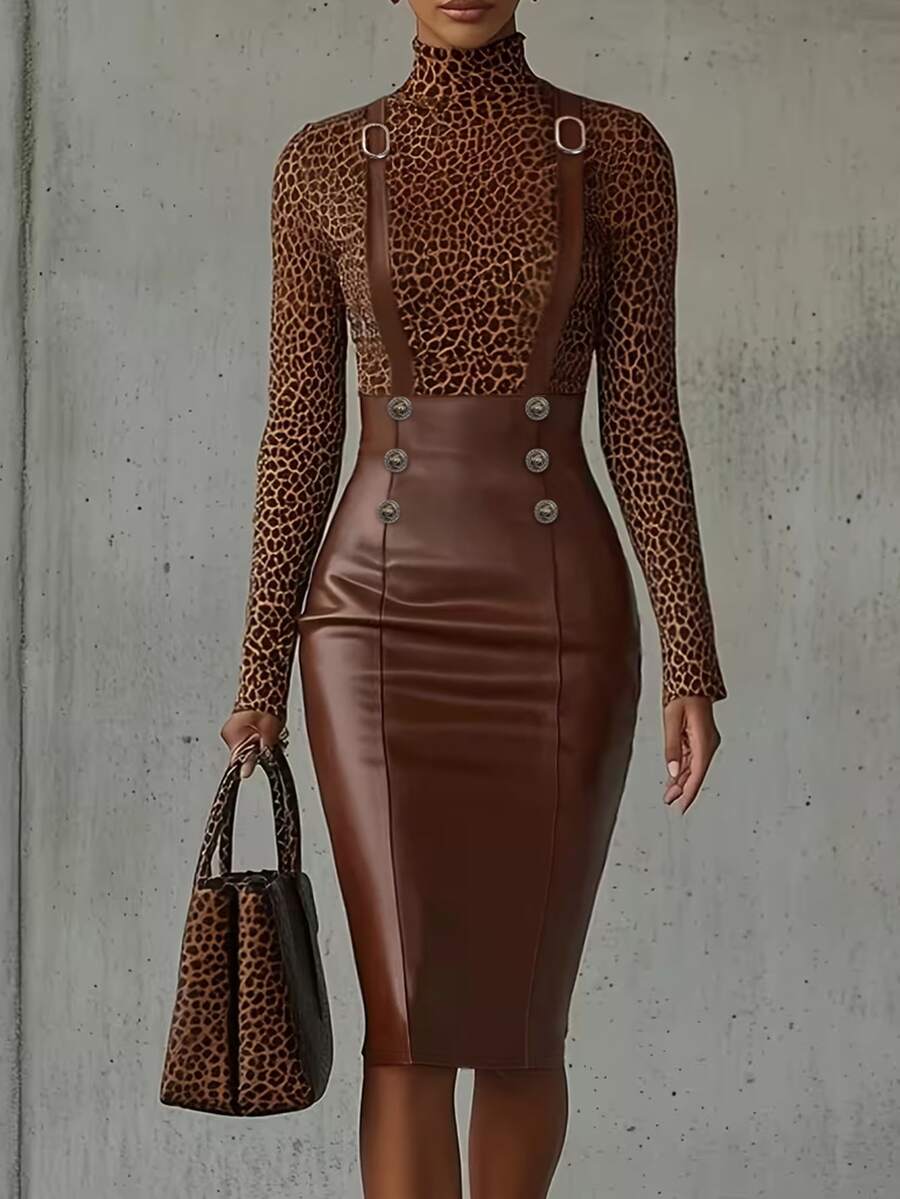 Elegantrix Autumn/Winter Plus Size Women's High Waist Button PU Suspender Bodycon Skirt Street Style Vintage Set Fall - Coffee Brown - View 1