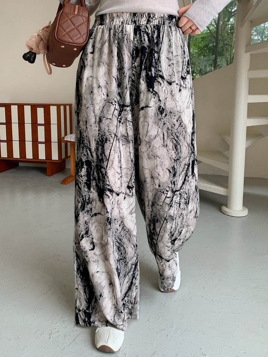 Dazy Plus Plus Size Women's Ink Painting Print Loose Casual Wide Leg Pants, New Early Autumn Style - Grey - View 1