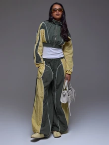 MUSERA Contrast Colour Oversized Trouser Pants Winter Autumn Everyday Casual Going Out Cool Weekdaze - Grey - View 1