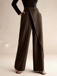 Anewsta Essential Women's New Professional Commute Minimalist Versatile Design Asymmetrical Patchwork High Waist Drape Straight Leg Pants - Mocha Brown - View 1